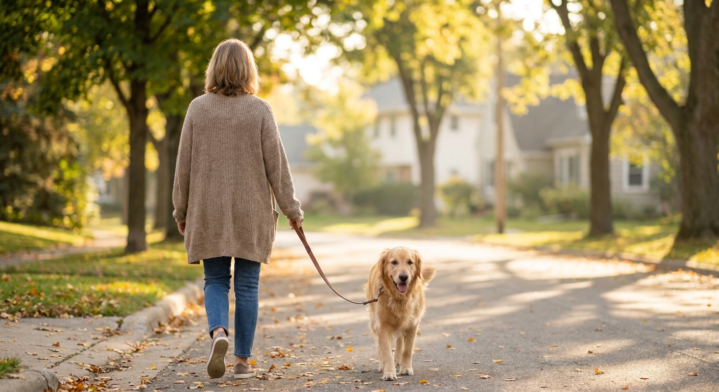 Woman in her sixties walking a dog on a tree-lined sidewalk in early morning light