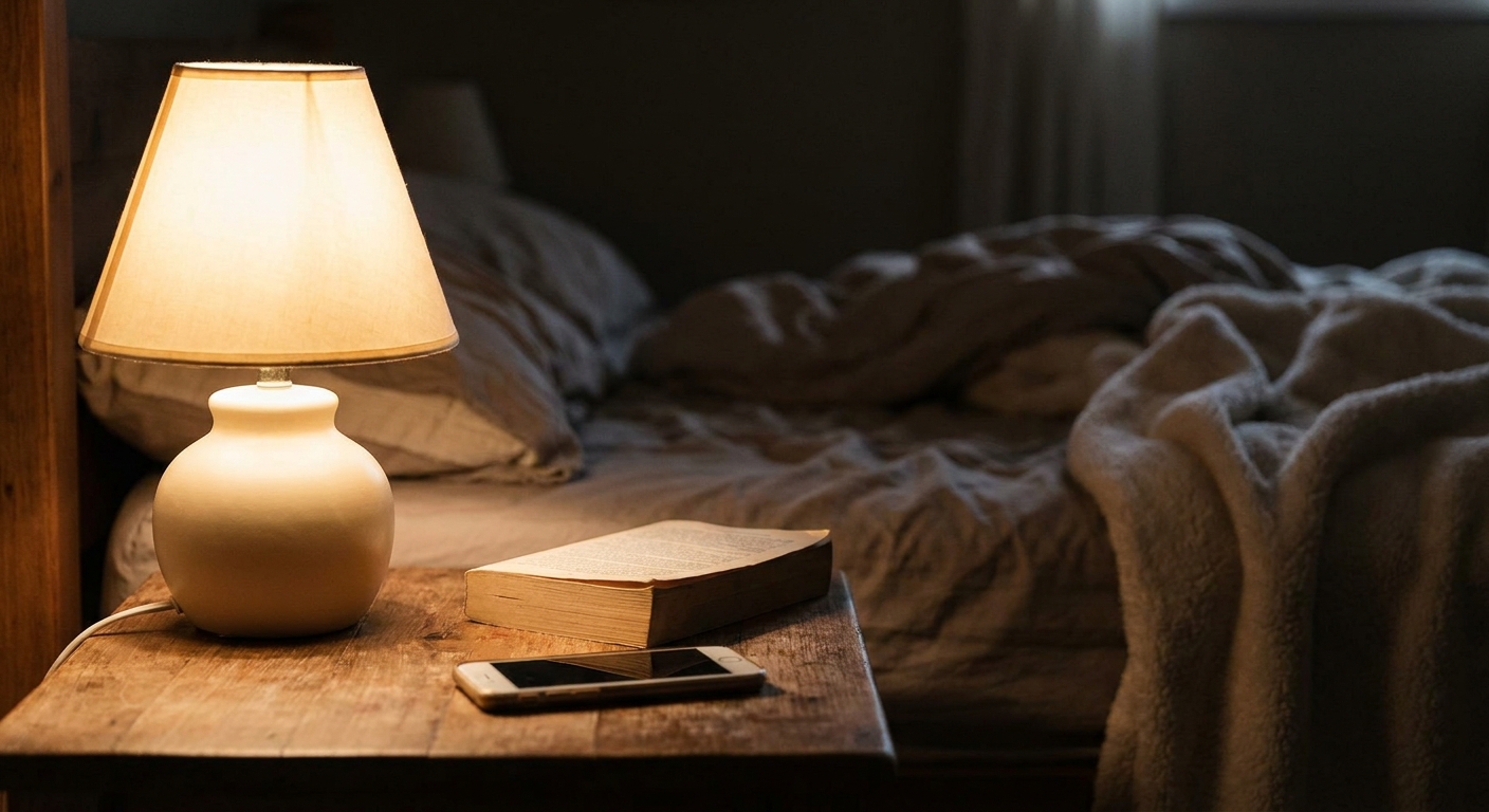 Bedside table at night with a warm lamp, a closed book and a phone face down