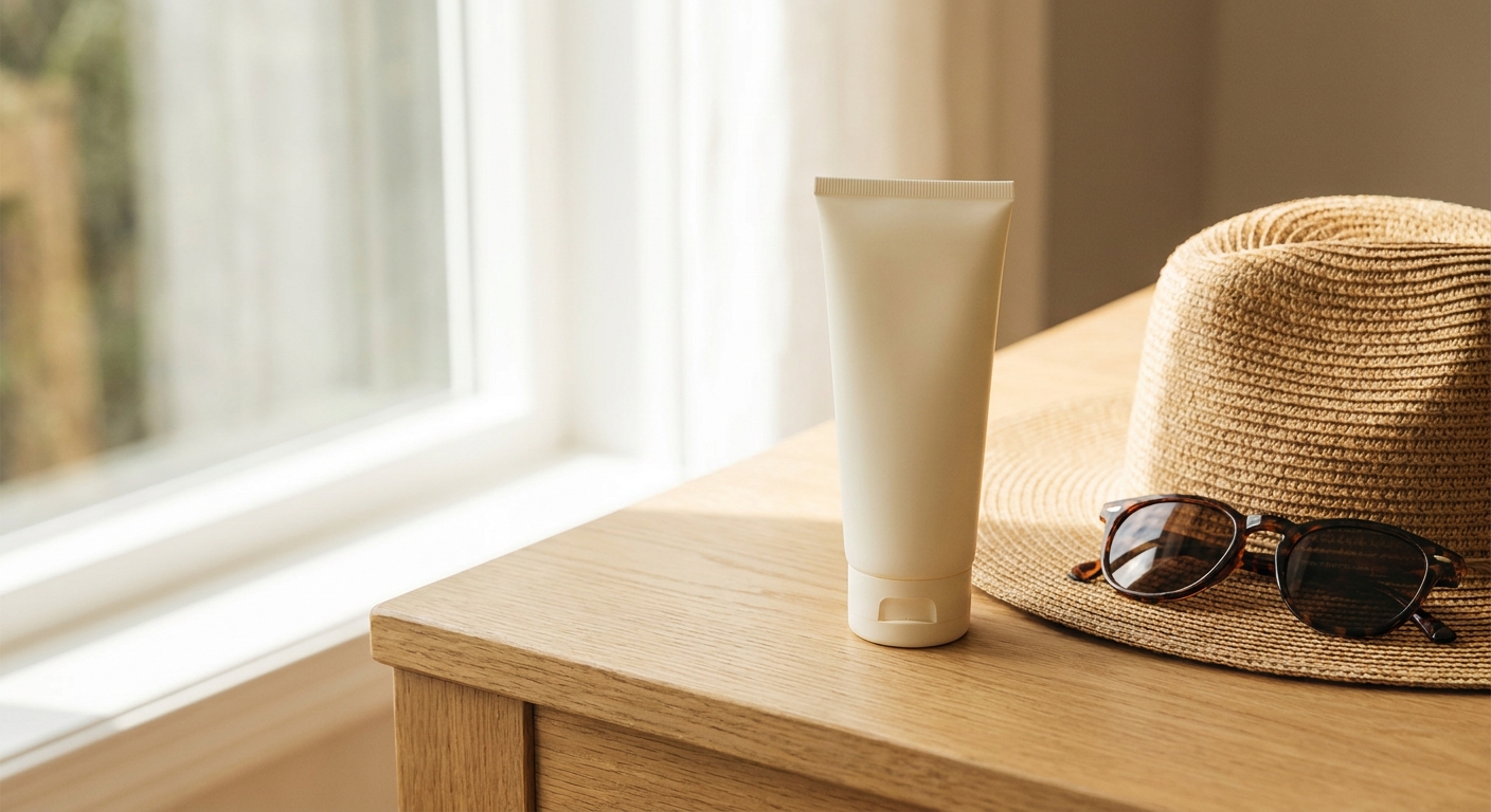 Plain sunscreen bottle and wide-brimmed hat on a wooden table by a window